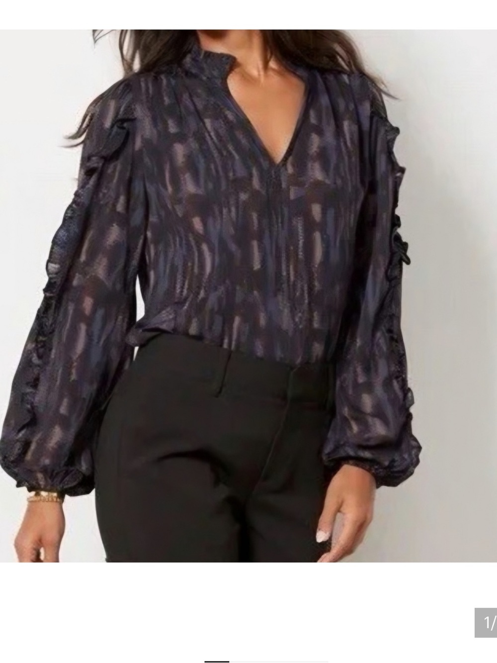 Evereve Metallic-Print Ruffle Balloon Sleeve Blouse in Black and Silver